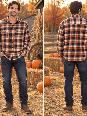 American Eagle Men's Orange Plaid Flannel Shirt